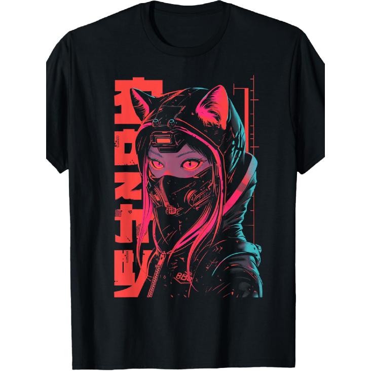 EWH Men S Cyberpunk Anime Graphic T-Shirt with Furry Ears & Neon Geometric Techwear Design - Harajuku Style Black Streetwear, All-Season Comfort Fit, S чёрный