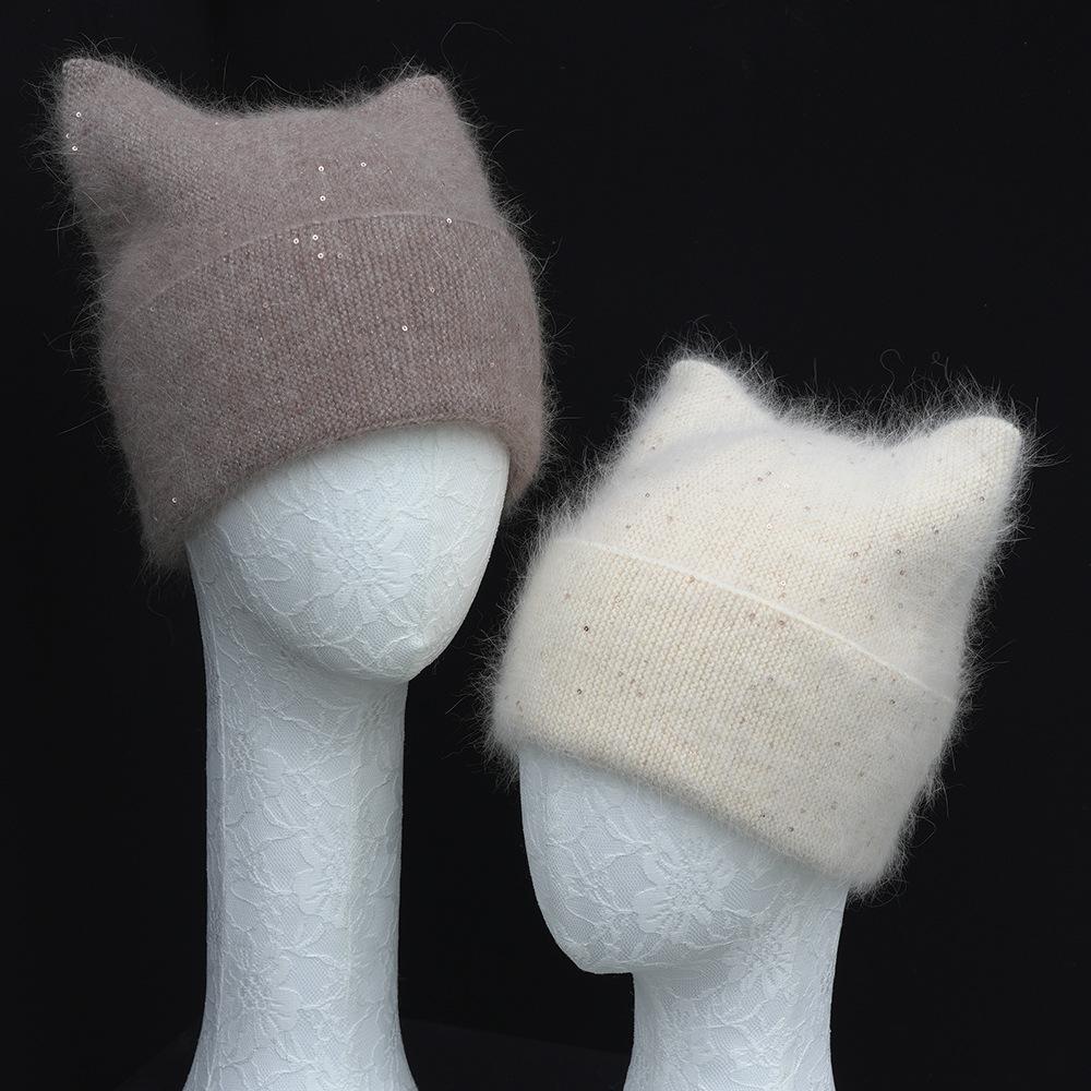 Autumn and winter new solid color cat ear angora long rabbit hair with small sequins warm wool hat knitted hat