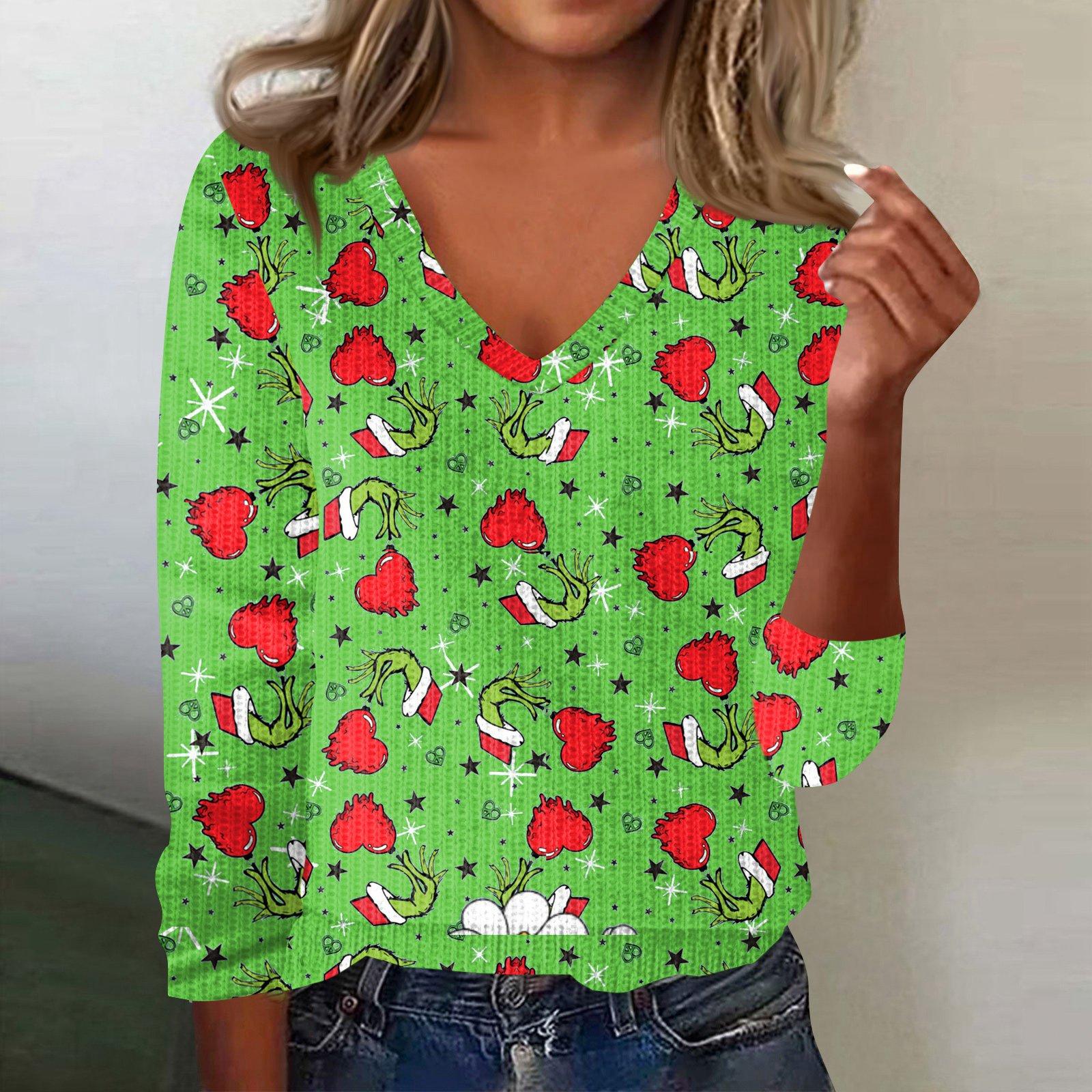 

Жіночий милий світшот, в язаний, модний, повсякденний, з V-подібним вирізом, з довгими рукавами, затишний, з принтом, топ M зелений