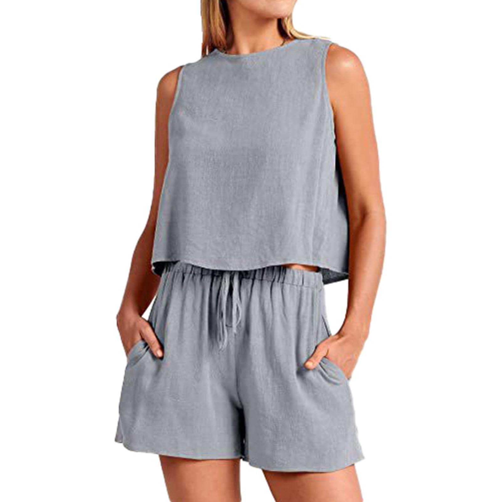 

Женский летний льняной костюм из двух предметов без рукавов с круглым вырезом, короткий жилет, повседневные шорты с широкими штанинами M