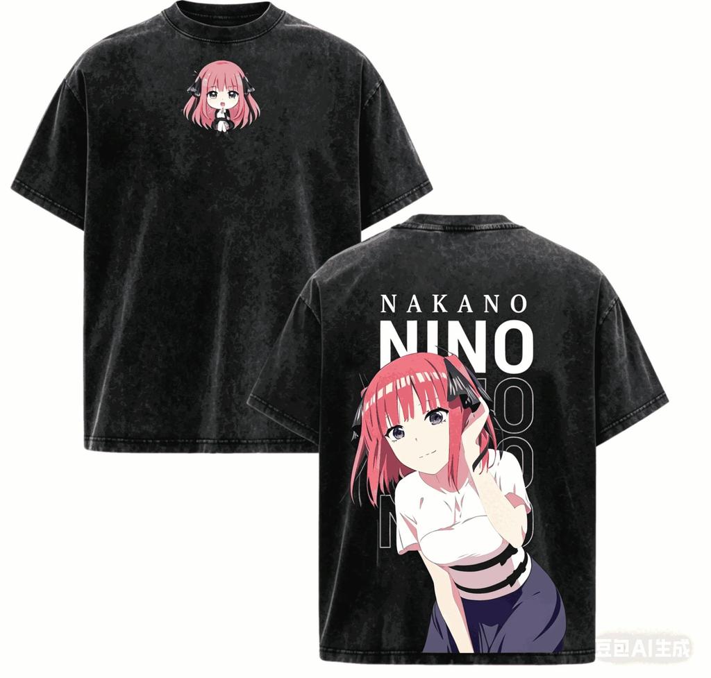 Stylish Washed Black Oversized T-Shirt with Itsuki Nakano Chibi and Manga Prints from The Quintessential Quintuplets