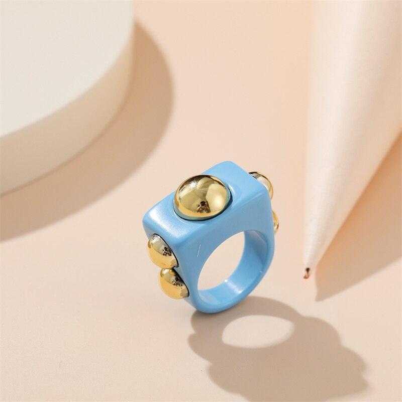 iF ME Chunky Aesthetic Large Colorful Golden Bead SquareTransparent Resin Acrylic Rings for Women Girl DIY Knuckle Party Ring Jewelry