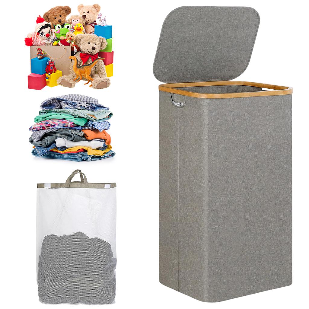 100L Slim Laundry Hamper with Lid Dirty Clothes Basket with Removable and Washable Inner Bag Foldable for Bathroom Bedroom Dorm