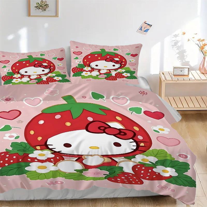 

3pcs Strawberry Hello Kitty Cover Set, 1 Cover + 2 Pillowcases (No Insert), Bedding for All Seasons, Bedding,Bedroom Decor yy250922019 135x200cm
