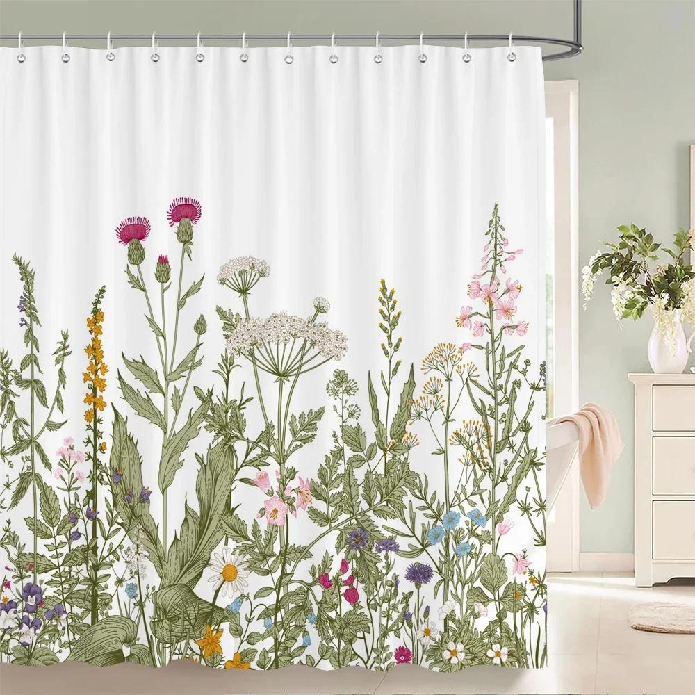 Nordic style Flower Leaf Plant Printed Fabric Shower Curtains Floral Bath Screen Waterproof Products Bathroom Decor with Hooks