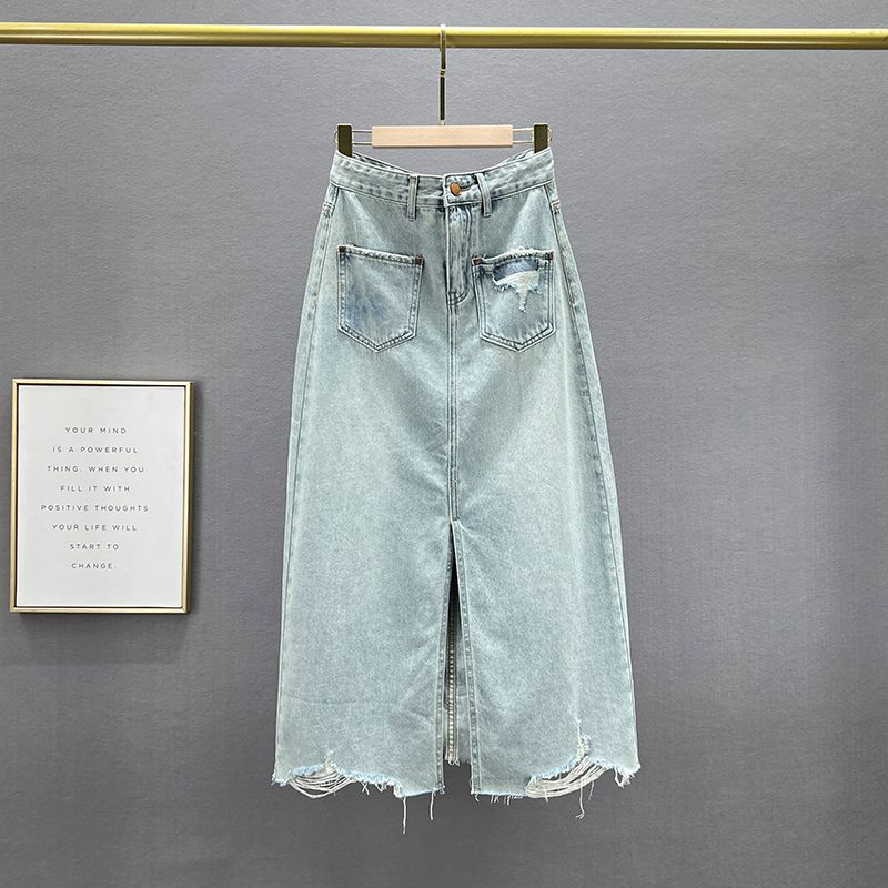 

Юбка из денима с разрезом женская новинка весна-лето с высокой талией свободного кроя стройнящая Инс самая простая в сочетании А-силуэта миди-юбка 2023 Light blue S