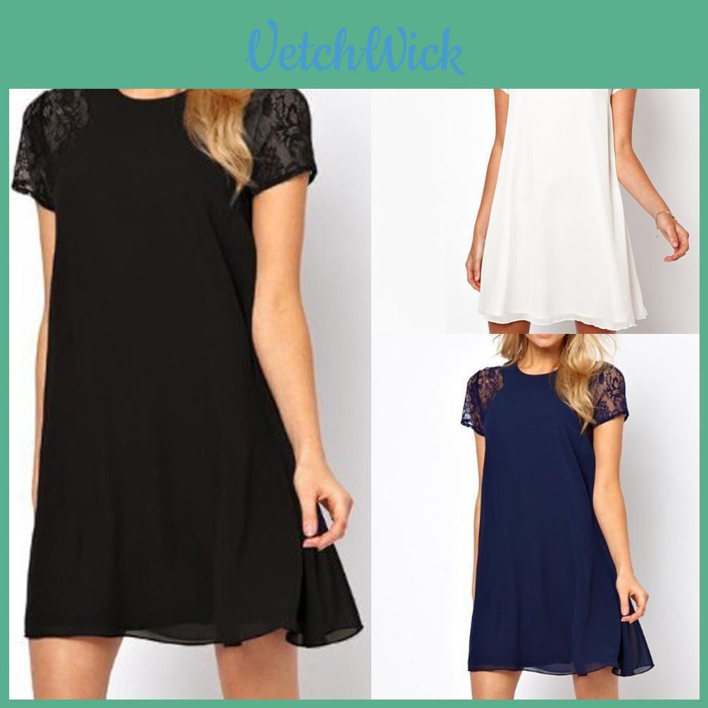 Elegante Vestito Estivo da Ragazza con Maniche ad Applicazioni di Pizzo e Schiena Scoperta a Colore Unico
