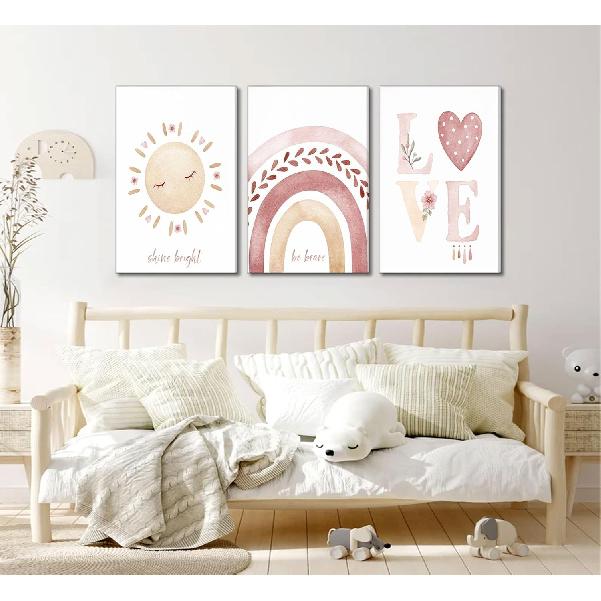 3 Pcs Nursery Canvas Wall Art Pink Sun Rainbow Hearts Posters Prints Boho Kids Room Pictures Wall Decor for Toddlers Children Baby Girl Bedroom Home