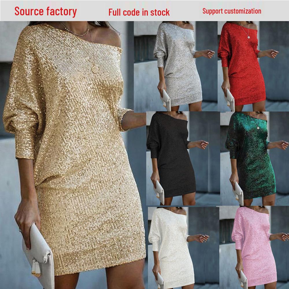 2025 Elegantní midi šaty na jedno rameno se sekviny s výstřihem do V pro ženy