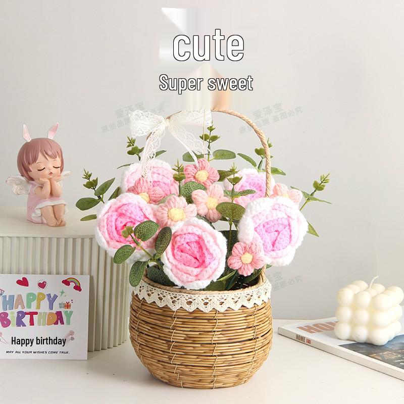 Sonnenblumen Gestrickter Wollstrauß in Handkorb - Geburtstag, Feiertag, Lehrertag, Abschlussgeschenk