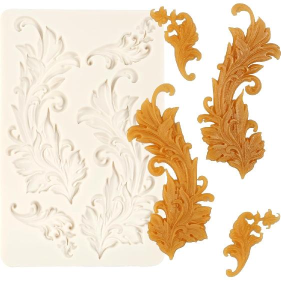 1 Pcs Large Baroque Feather Silicone Mold, Scroll Embossed Cake Decoration Fondant Mold for Thanksgiving Wedding Party Cupcake Topping Candy