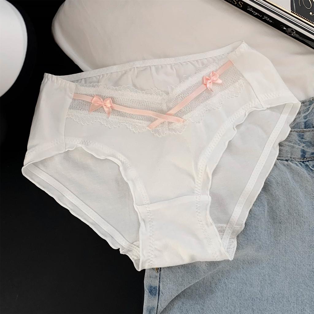 Women Sweet French Style Lace Solid Antibacterial Mid Waist Cotton Panties