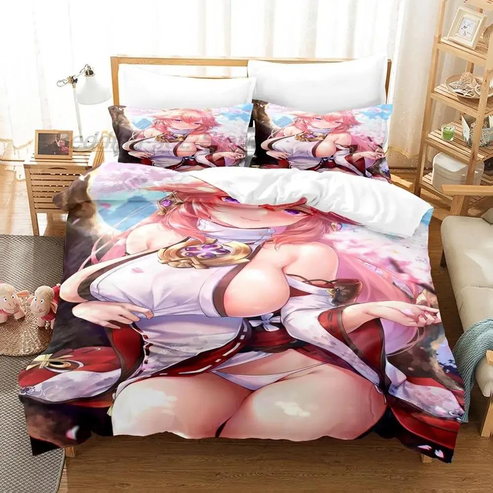 Genshin Impact Yae Miko Bedding Set Single Twin Full Queen King Size Bed Set Adult Kid Bedroom Duvet Cover Sets 3D Print Anime