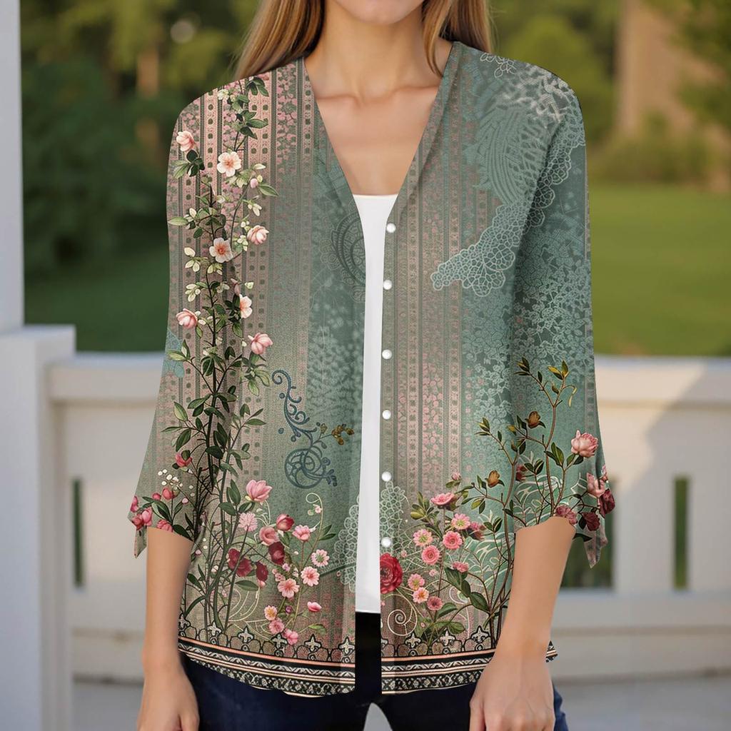 Women's Fashion Loose Casual Printed Seven-Part Sleeve Button Down Blouse Cardigan Top