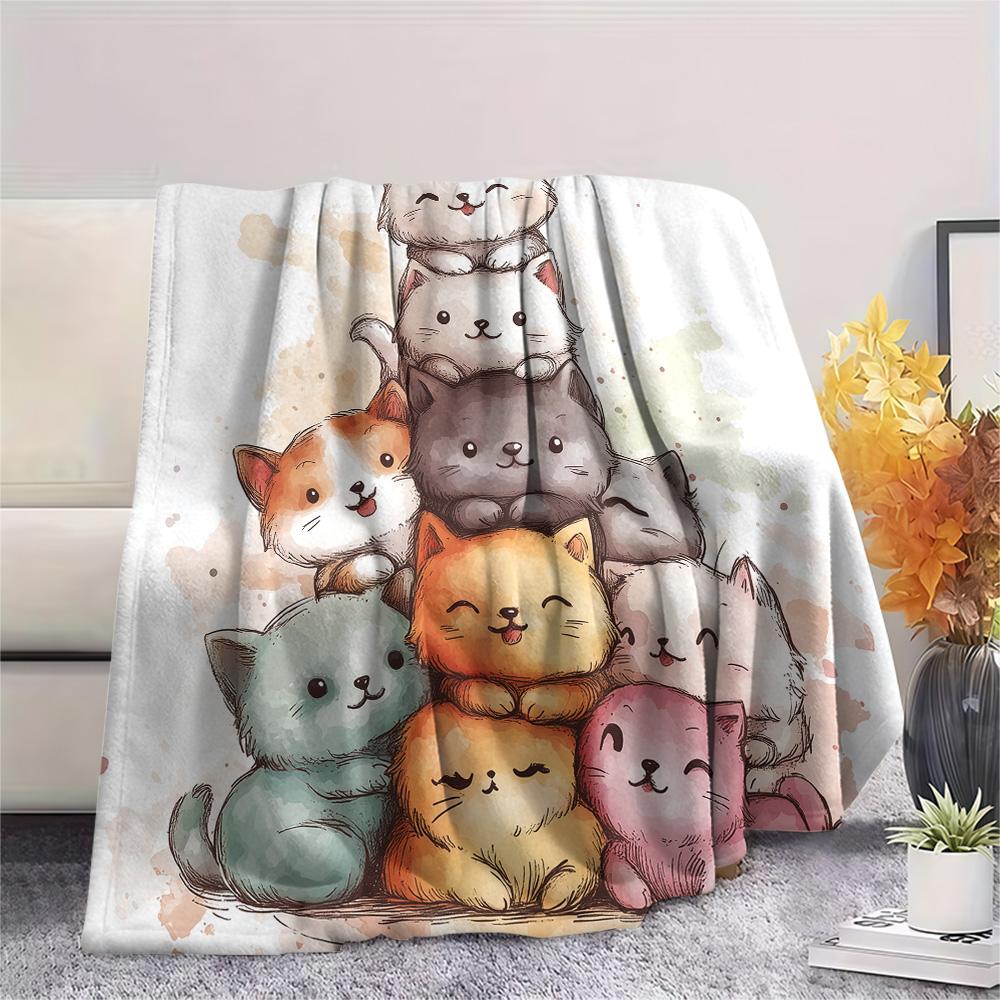 Stacked Cats Print Flannel Blanket, High quality Comfortable for All Seasons, Home Decor, Warmth and Comfort