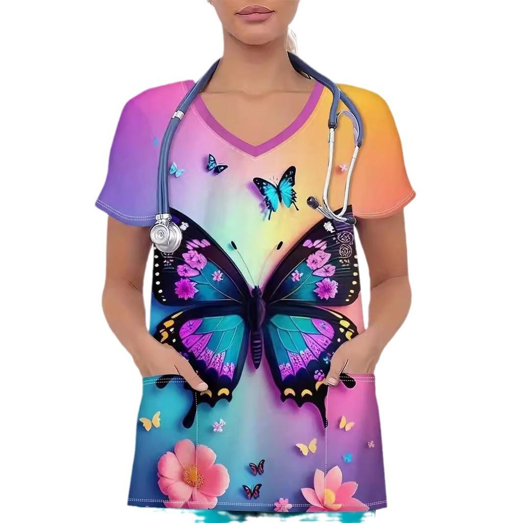 Romantic Pink Butterfly 3D Digital Print Women's Pocket V-neck Pullover Short Sleeved T-shirt Hospital Protective Apparel