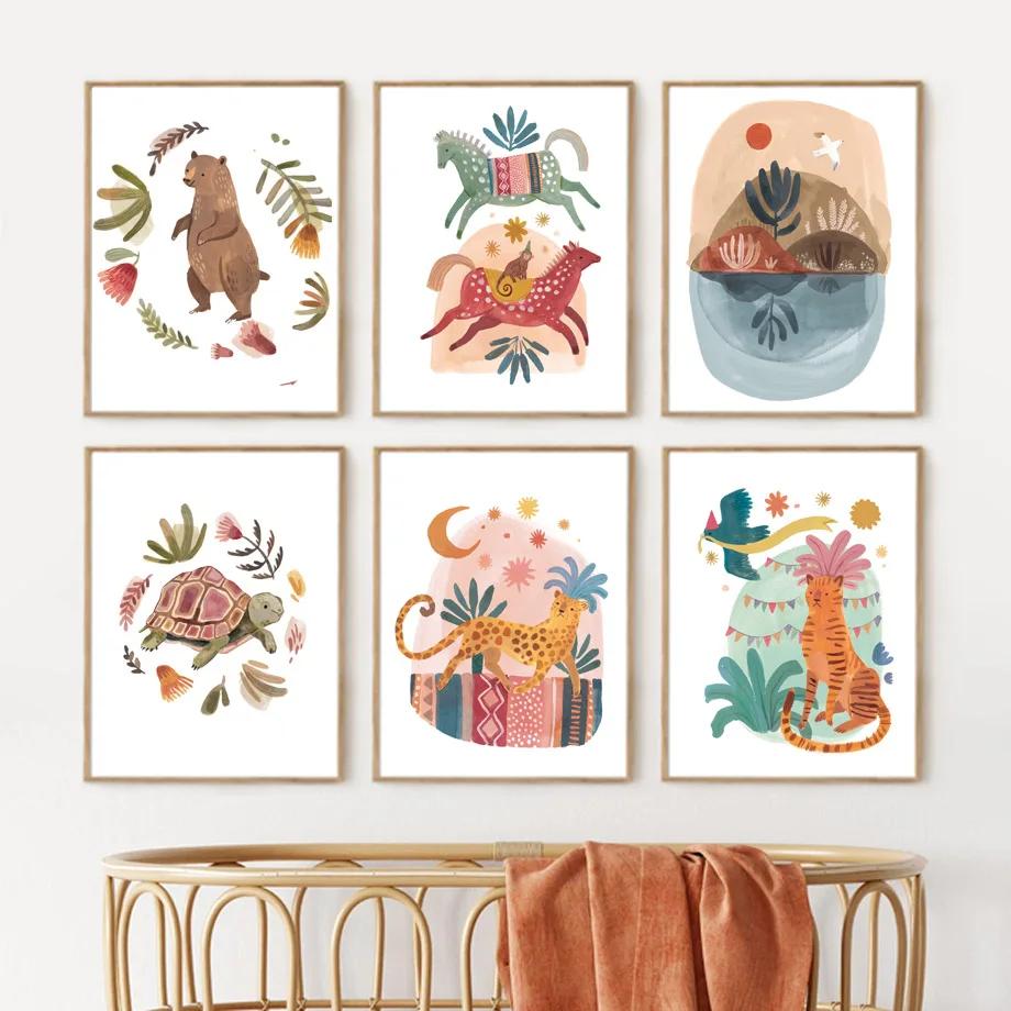 Boho Tiger Leopard Dinosaur Bear Lion Rabbit Poster Nursery Wall Art Mural Print Canvas Painting Pictures Baby Room Home Decor