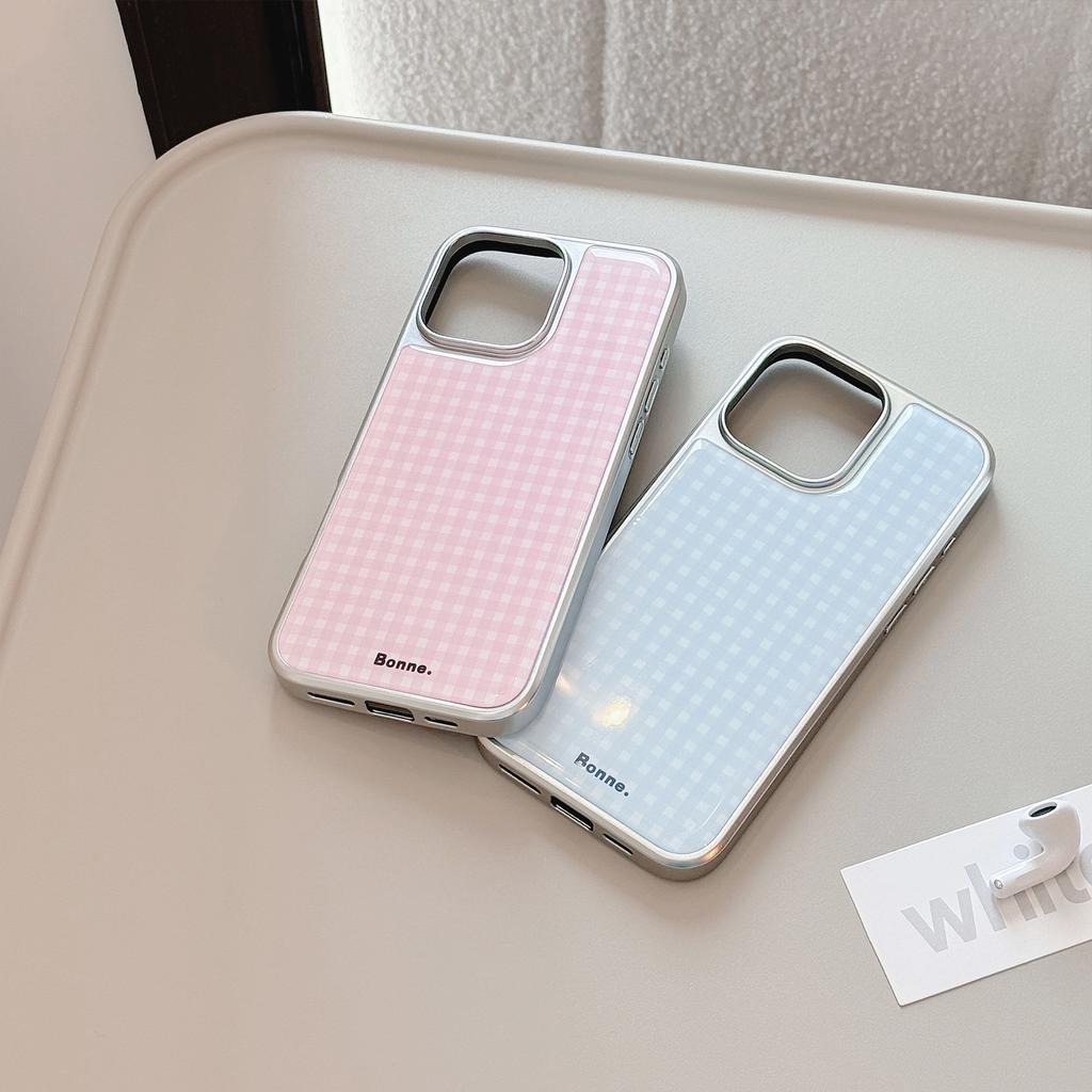 Ins Korean Pink Blue Grid Simple Girl Heart Phone Case for iPhone 17 16e 16 15 14 13 12 11 Pro Max X XR Air Plus Luxury Clear