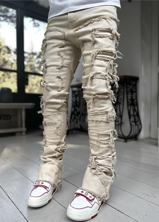 Jeans Uomo Fit Stacked Strappati Slim Fit Patch Usurati Distrutti Dritti Denim Pantaloni Hip Hop Trap Streetwear Pantaloni Abbigliamento