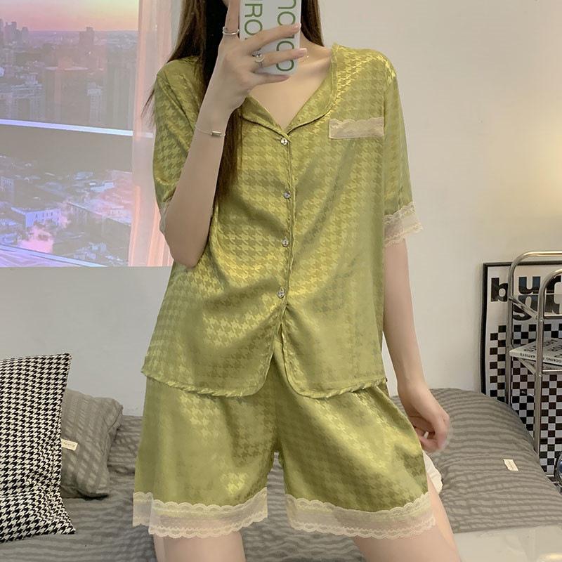 Pajamas Women'S Summer Cold Silk Cool Two-Piece Suit Summer Short-Sleeved Lace Can Be Worn Outside Qiandongge Loungewear