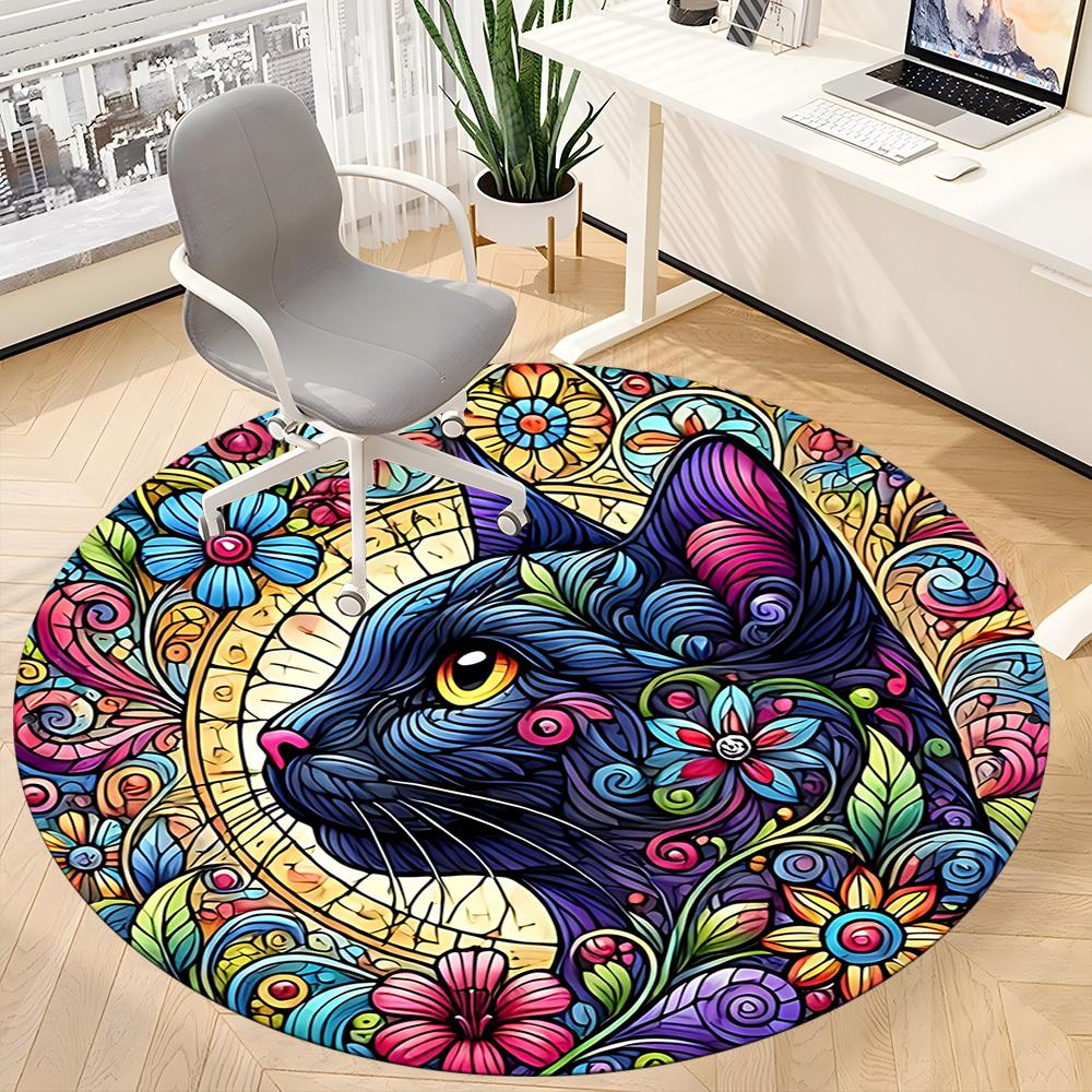1pc Cat Flowers Office Round Area Rug, Indoor Mat Suitable For Office, Under Office Chairs Bedroom Living Room Home Decor, Room Deco