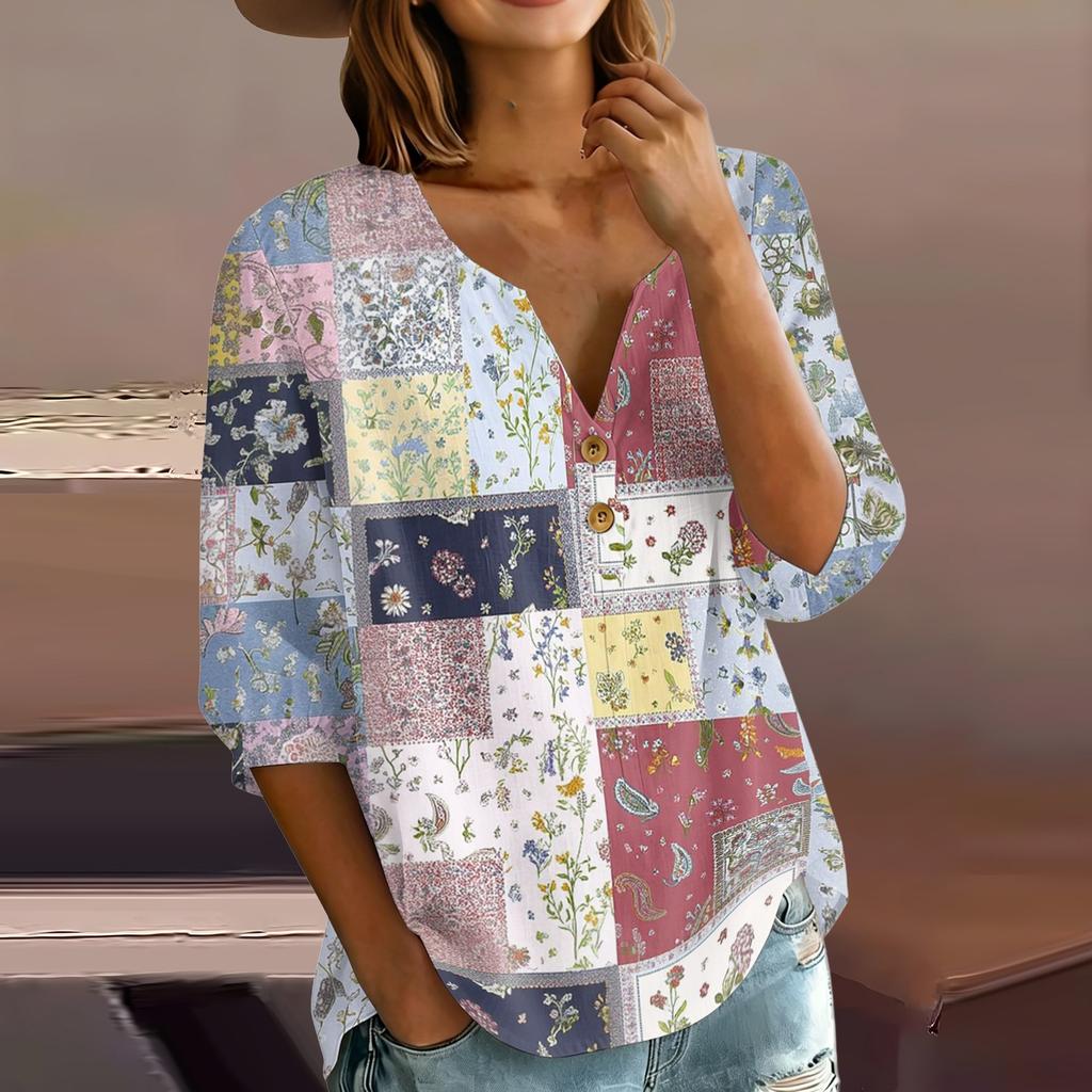 Women’s Cotton Linen Blouse with Patchwork Floral Print Henley Neck Button Front and Three Quarter Sleeves Casual Shirt