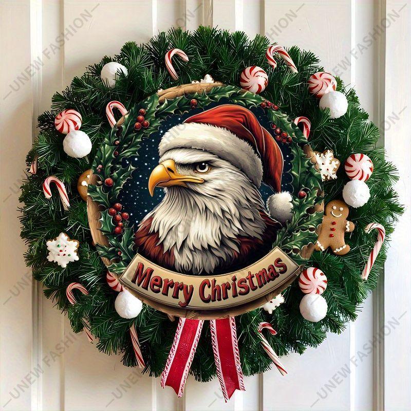 Bald Eagle Santa Hat Christmas Round Wooden Hanging Sign, 2D Flat Printed Holly Wreath Front Door Decor, Merry Christmas Patriotic Wall Ornament Gift
