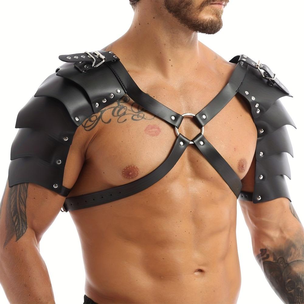 Gay Mens PU Leather Harness Double Shoulder Armors Buckles Sexual Body Chest Harness Belt for Adult Sex Cosplay Halloween Party