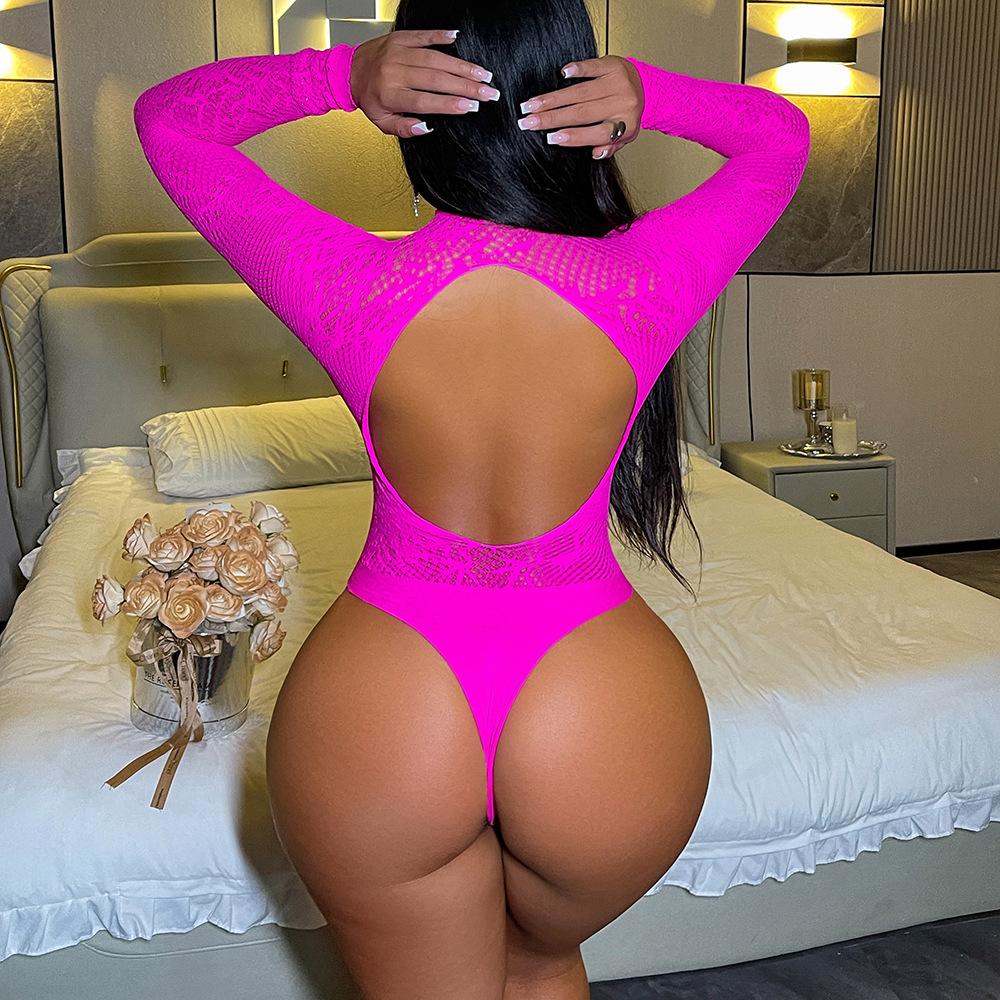 Sexy Underwear Hollow Mesh Coat Rose Red Long-sleeved Bikini Sexy Backless Fake Flesh One-piece