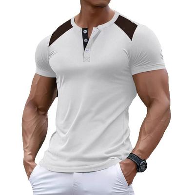 Camiseta Masculina Casual Diária de Verão Manga Curta Gola Henley Respirável Moda Esportiva Patchwork Camisetas Tops Homens
