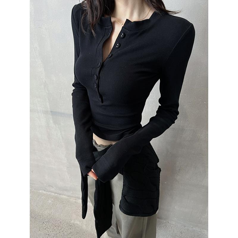 White bottoming shirt women's spring new single-breasted front shoulder slim-fitting Spice Girl long-sleeved T-shirt top trendy