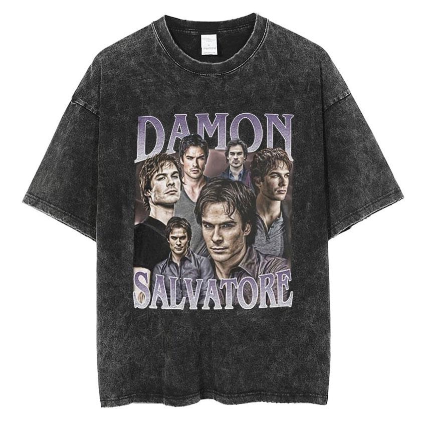 Damon Salvatore Grafica Vintage Lavata Maglietta Uomo Donna Abbigliamento Moda Harajuku T-Shirt Larga Oversize Manica Corta Magliette
