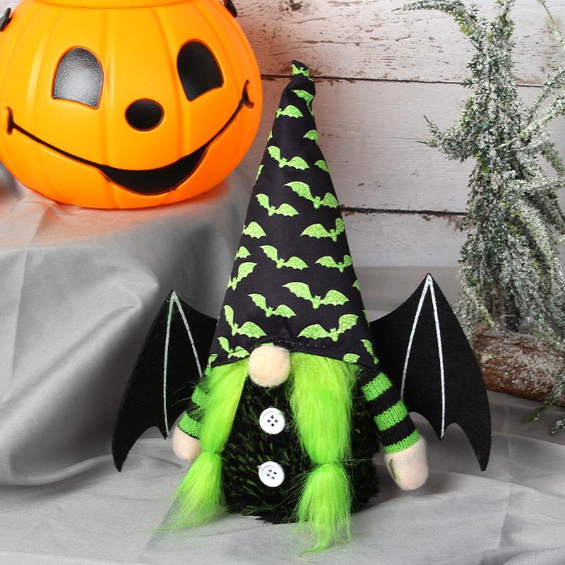 1Pc Halloween Decor Elf Decoration Gnome Dolls Party Supplies Handmade Plush Doll with Bat and Spider Patterns with Bat Wings