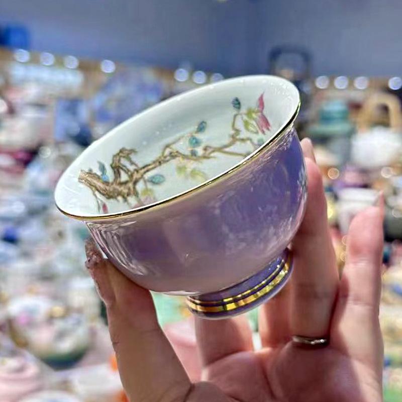 

Internally Painted Purple Ceramic Heavy Handle Cup Large Chinese Gongfu Teaware Luxury Personal Tea Bowl for Collection 150ml