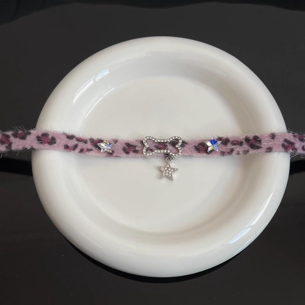 Plush Chokers Necklace Pink Leopard Print Neck Accessories Star Pendant Necklaces for Women Girls