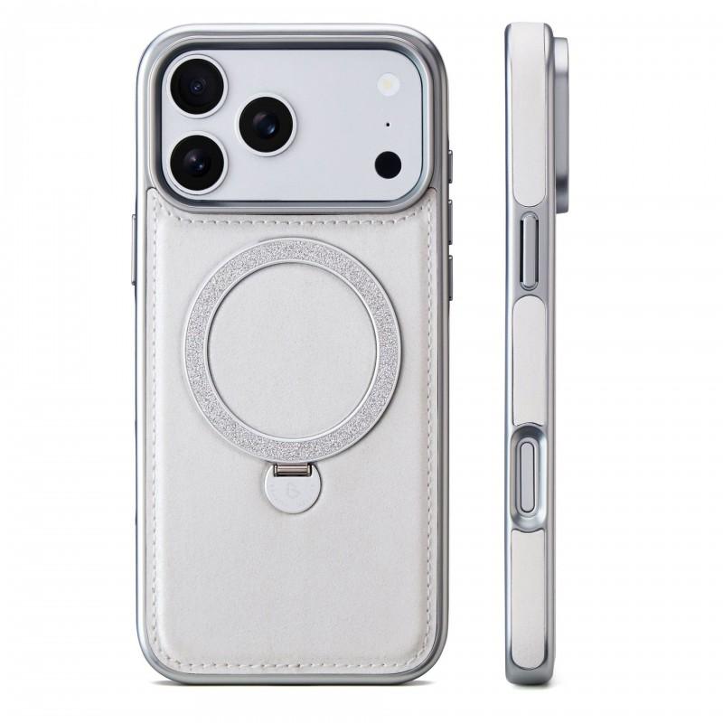 Leather Phone Case IPhone 18 Pro Max Glitter Electroplated Frame Magnetic Rotating Stand Shockproof