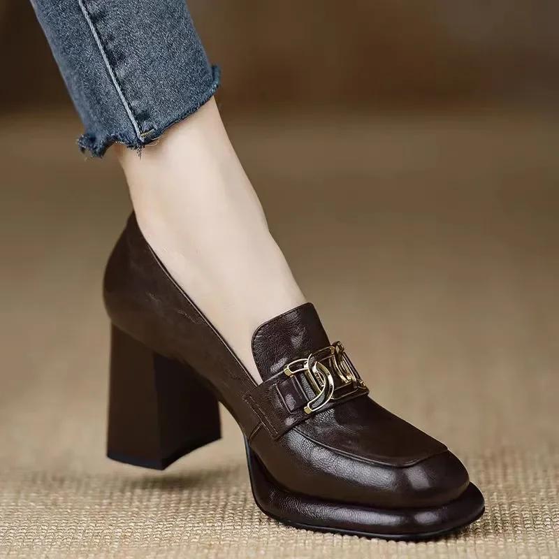 FHC New Soft Women Pumps,Fashion High Heels,Loafers Shallow Shoes,Square Toe,Slip On,British Style,Black,Beige,Dropship
