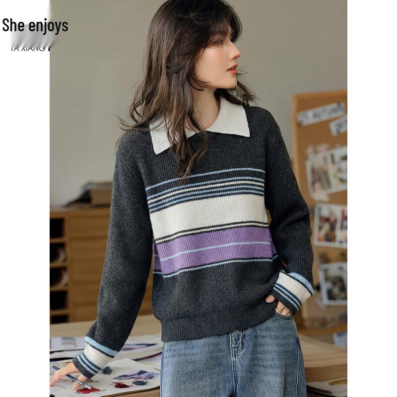 Women's Doll Collar Striped Knit Sweater