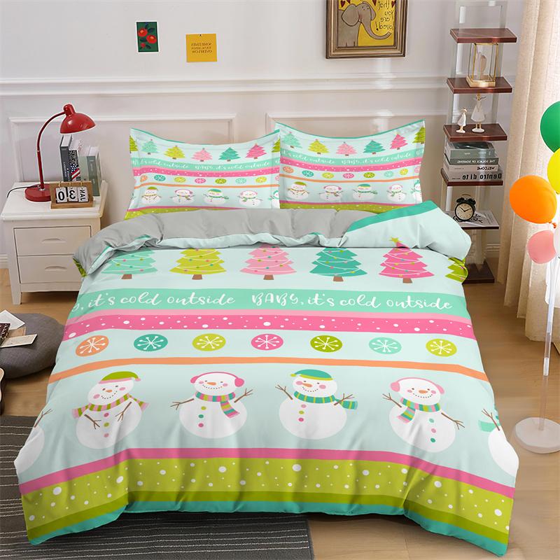 3D God Jul Kung Drottning Sängklädesset Barn Tecknad Jultomte Snögubbe Ren Täcköver XMAS Påslakan Polyester Quiltöverdrag