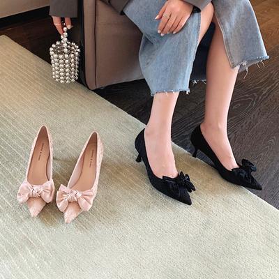 Satin High-heeled Shoes Women's New Pointed Toe Bowknot High-heeled Shoes Women's Slender Heels and Shallow Mouth Shoes Women