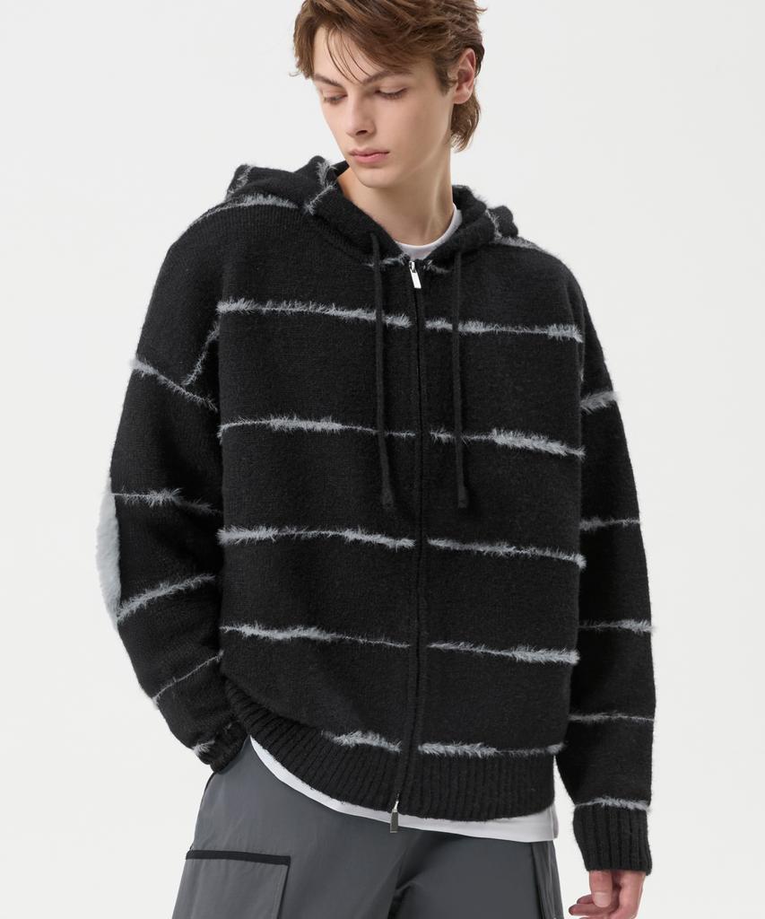 TRILLION Washable Wool Hairy Stripe Hooded Zip-Up Knit_Black