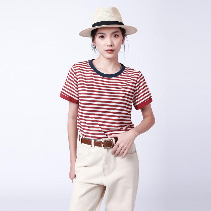 RAIN.CUN Women's Red Stripe Knit T-Shirt