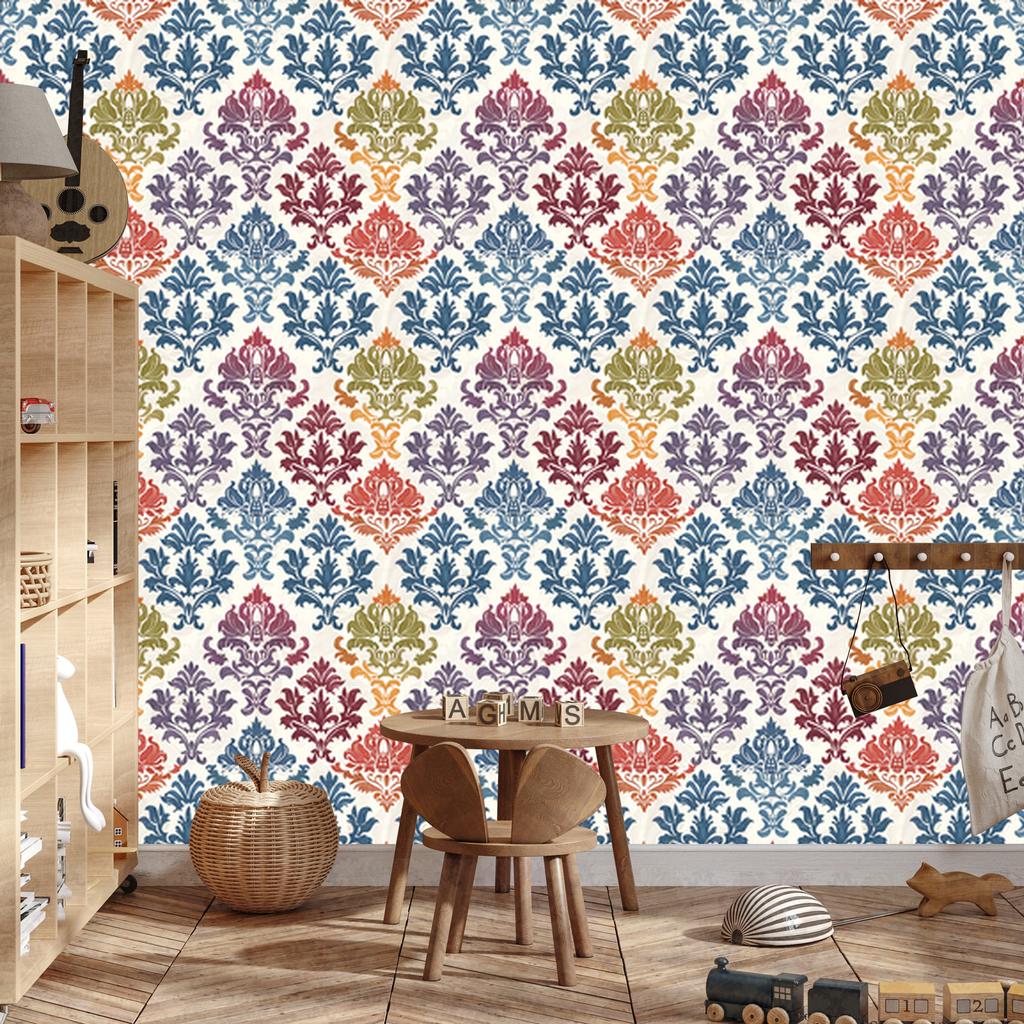Baroque Damask Wallpaper Blue and Light Gray 50x1000