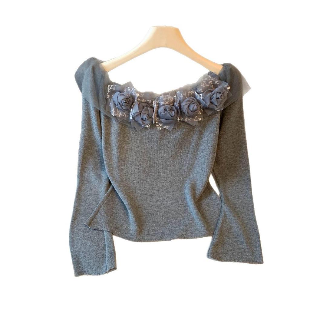 Chic Romantic 3D Floral One-Shoulder Long-Sleeve Knitted Top for Women