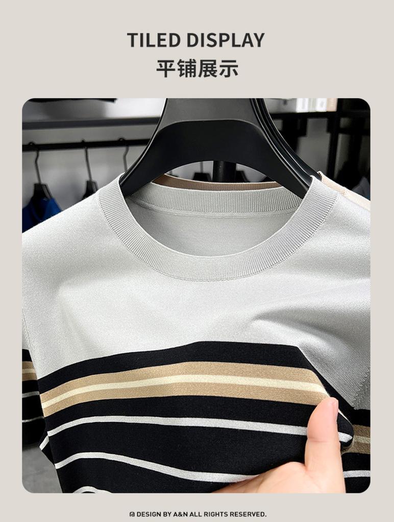 Antonio Summer Striped Business and Leisure Versatile Round Neck T-shirt for Men