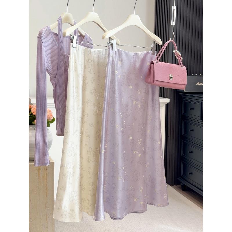 

New Chinese style satin acetic acid skirt women s retro high waist thin a word butterfly jacquard drape fishtail skirt M светло-фиолетовый