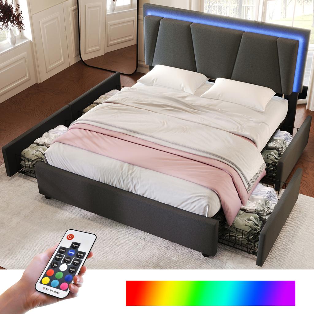 Letto imbottito con illuminazione a LED e 4 cassetti, testiera regolabile in altezza, struttura contenitore matrimoniale 140x200 cm, rete a doghe, grigio (Senza materasso)
