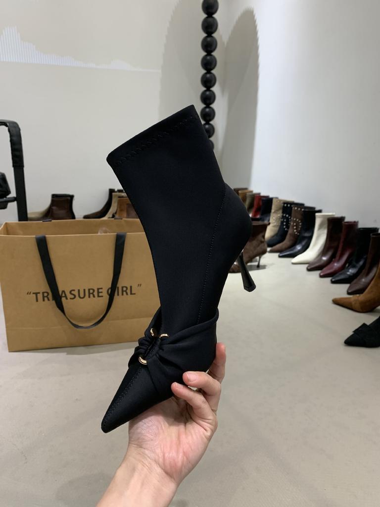 2025 Autumn and Winter New Simple Retro Satin Pointed High-heeled Short Boots Women's Thin-heeled Elastic Boots Thin Boots