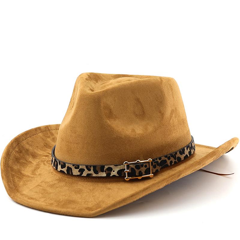 Ethnic Suede Felt Hat with Leopard Print Belt - Unisex Western Cowboy Hat