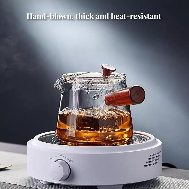 CMGF-Tea Kettle, Side Handle Glass Tea Kettle, Thickened High Temperature Resistant Tea Cooker Tea Kettle with Wooden Handle